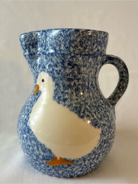Vintage N.S. Gustin Blue Spongeware Duck Pitcher Cottagecore